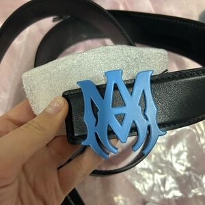 Black Leather Amiri Belt with Matte Blue Buckle